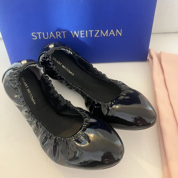 NIB STUART WEITZMAN GABBY SCRUNCHED BALLET FLAT SHOES SIZE 8 $395 BLACK W BAG - Picture 1 of 8